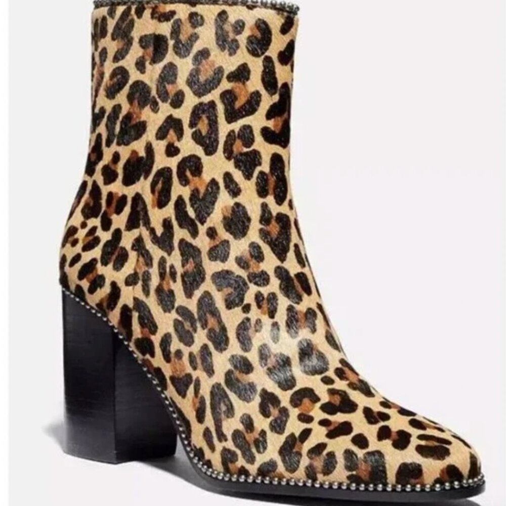 COACH Drea Beadchain Leopard Block Heel Almond Toe Ankle Boots Sz 11